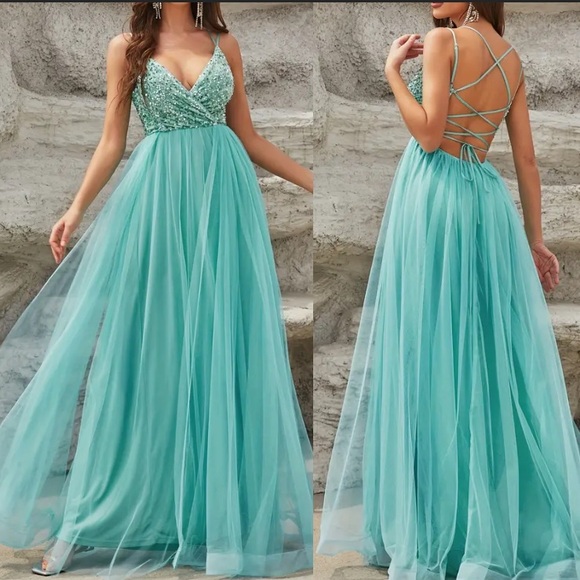 Luxe lace up back mesh sequins bodice party formal prom wedding gown dress - Picture 2 of 16